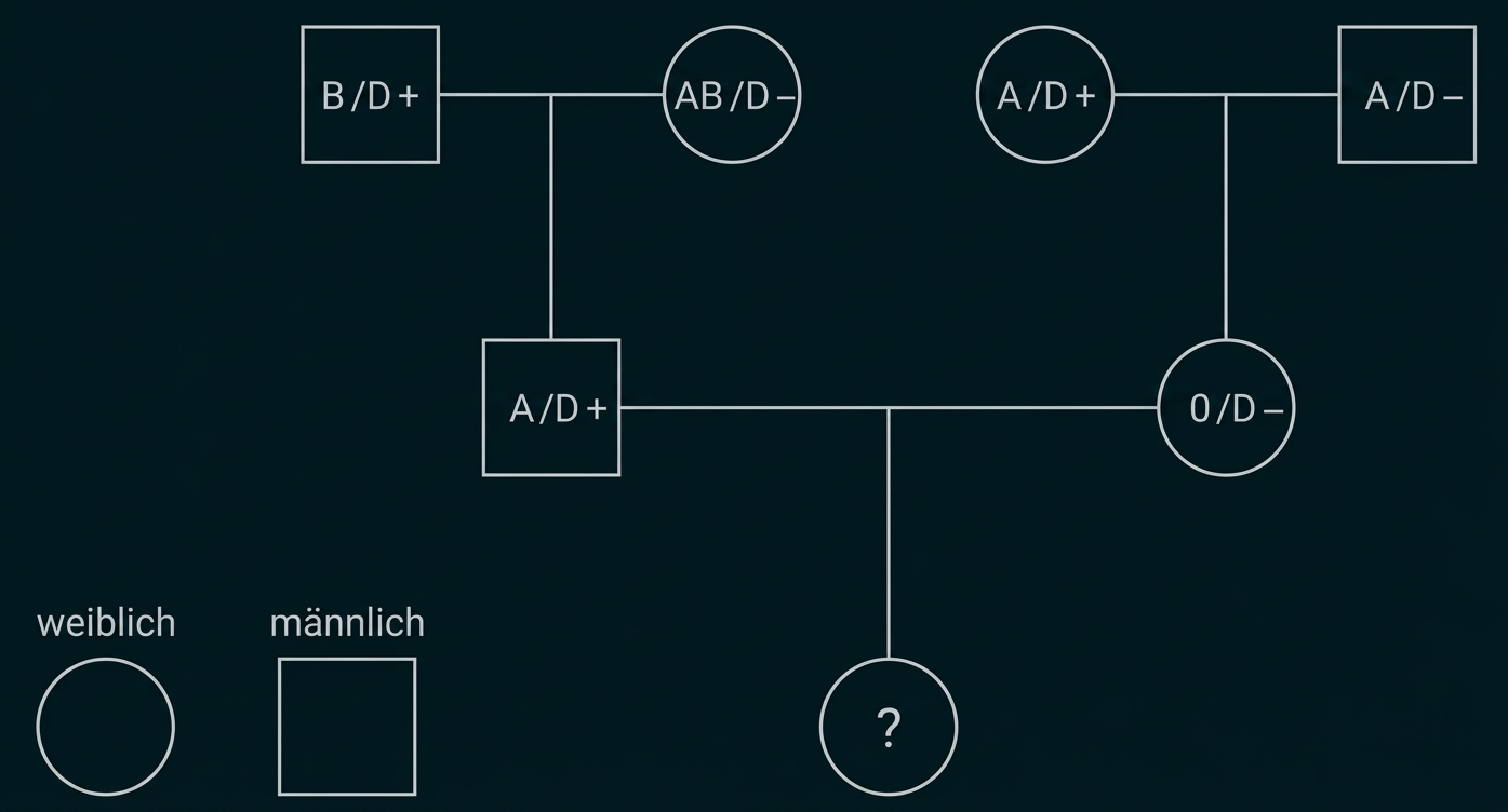 Stammbaumdiagramm mit Blutgruppen und Rhesusfaktoren einer Familie.